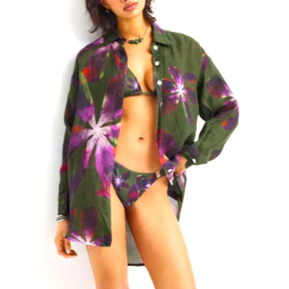 LiNeN Vitamin A Playa Boyfriend Shirt Watercolor Orchid Olive Green Floral Purpl